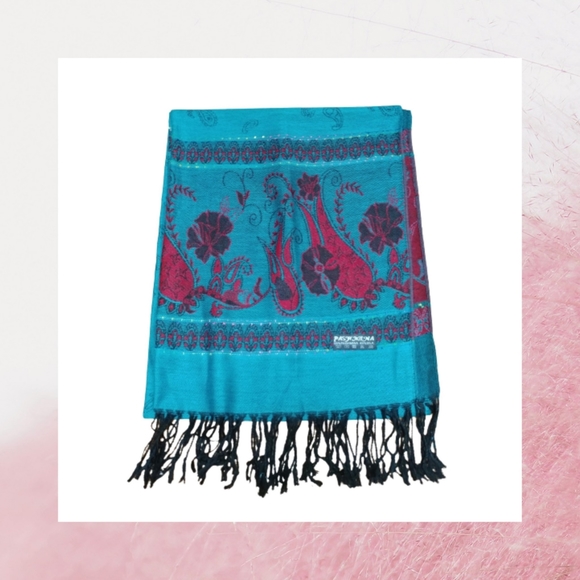 Cashmere pashmina scarf wrap teal and red paisley print - Picture 2 of 5